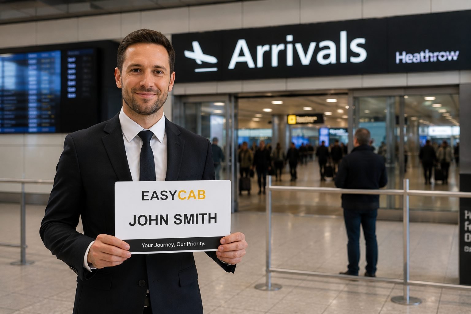 EasyCab driver meeting a passenger in Gatwick arrivals with a name board
